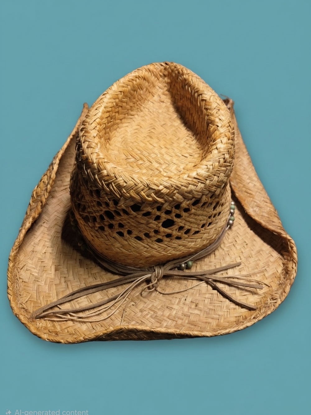 Natural Straw Cowboy Hat with Beaded Band - Tan - Picture 2 of 5